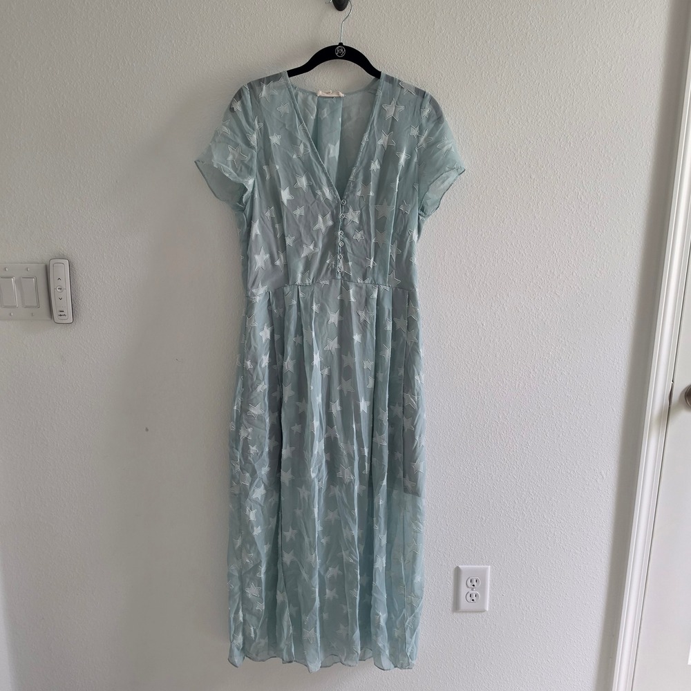 Light Blue Star Burnout Midi Dress V-Neck Short Sleeve size L